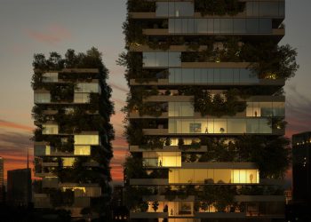 Un rendering "serale" del Bosco Verticale di Milano