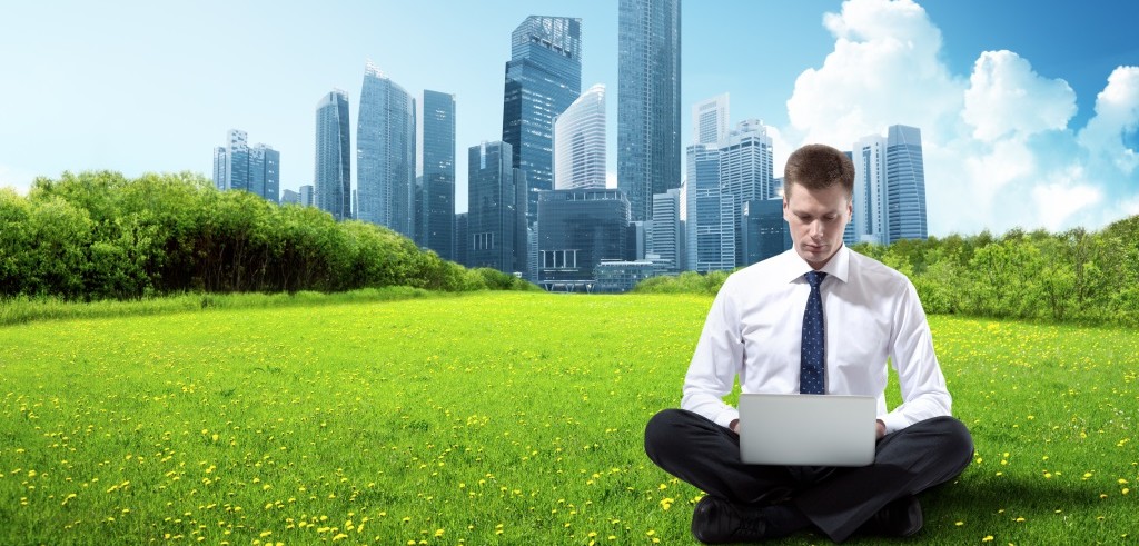 Un uomo lavoro al pc in mezzo ad un prato (foto: www.isustainableearth.com)