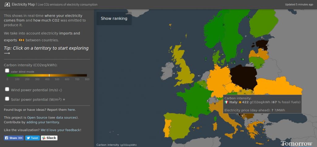 Electricity map 9.8.2017 (foto: https://www.electricitymap.org/)