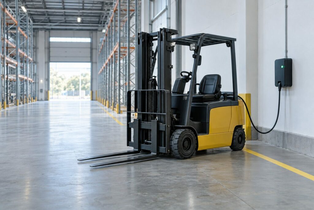Carrello elevatore elettrico in ricarica in un magazzino logistico