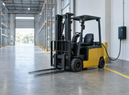 Carrello elevatore elettrico in ricarica in un magazzino logistico