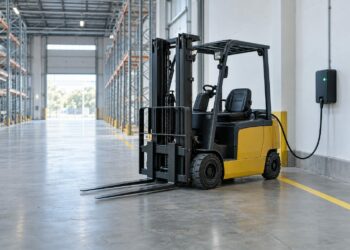 Carrello elevatore elettrico in ricarica in un magazzino logistico