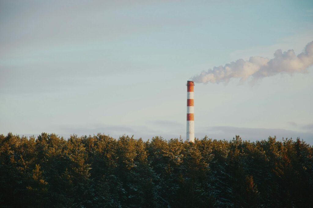 Una ciminiera industriale fuma dietro un bosco: le emissioni che i crediti di carbonio promettono di compensare