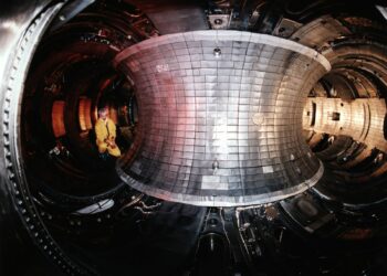 Fusione nucleare: l'interno della camera del Tokamak Fusion Test Reactor (TFTR) del Princeton Plasma Physics Laboratory, con le pareti rivestite di piastrelle