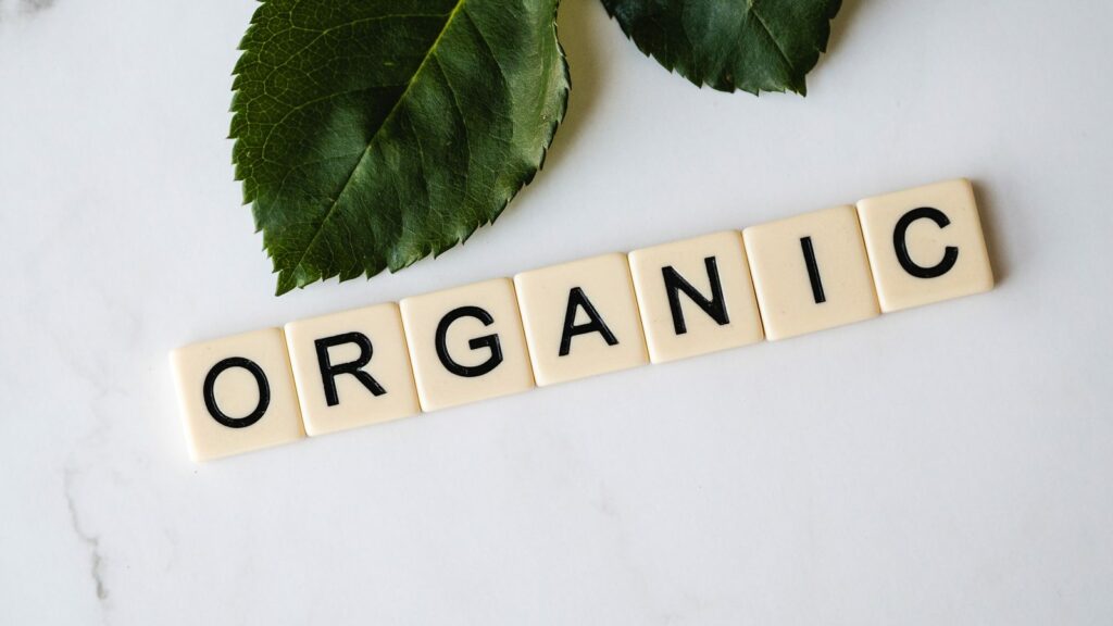 Greenwashing: la parola ORGANIC composta con tessere accanto a una foglia verde